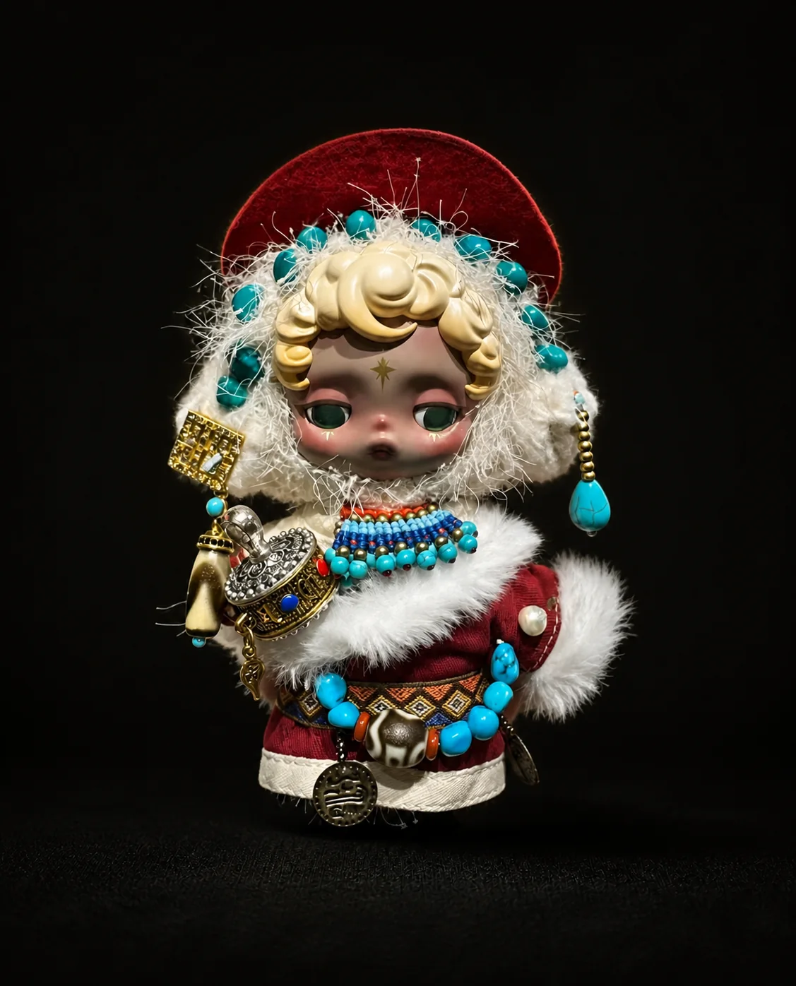 Collectible figure styling with turquoise beadwork in the obsidian studio