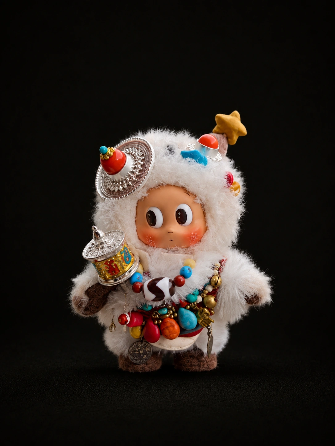 TIRAVA independently customised white plush character with circular silver-tone ornament and colourful beadwork